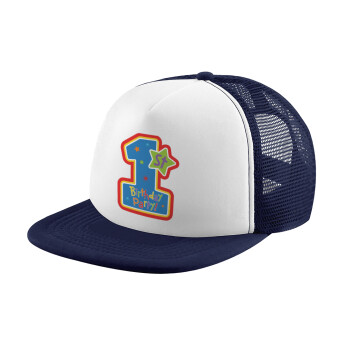 Happy 1st Birthday, Adult Soft Trucker Hat with Dark Blue/White Mesh (POLYESTER, ADULT, UNISEX, ONE SIZE)