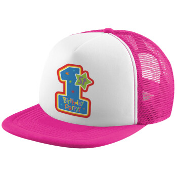 Happy 1st Birthday, Adult Soft Trucker Hat with Pink/White Mesh (POLYESTER, ADULT, UNISEX, ONE SIZE)