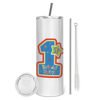 Happy 1st Birthday, Tumbler stainless steel 600ml, with metal straw & cleaning brush