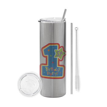 Happy 1st Birthday, Tumbler stainless steel Silver 600ml, with metal straw & cleaning brush