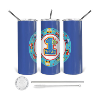 Happy 1st Birthday, 360 Eco friendly ποτήρι θερμό (tumbler) από ανοξείδωτο ατσάλι 600ml, με μεταλλικό καλαμάκι & βούρτσα καθαρισμού