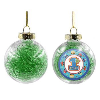 Happy 1st Birthday, Transparent Christmas tree ball ornament with green filling 8cm