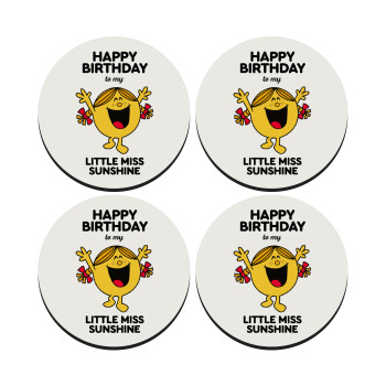 Happy Birthday miss sunshine, SET of 4 round wooden coasters (9cm)