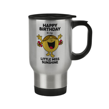 Happy Birthday miss sunshine, Stainless steel travel mug with lid, double wall 450ml