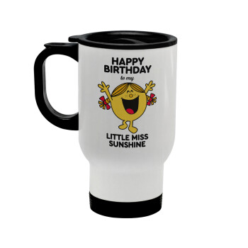 Happy Birthday miss sunshine, Stainless steel travel mug with lid, double wall white 450ml