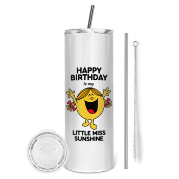 Happy Birthday miss sunshine, Eco friendly ποτήρι θερμό (tumbler) από ανοξείδωτο ατσάλι 600ml, με μεταλλικό καλαμάκι & βούρτσα καθαρισμού