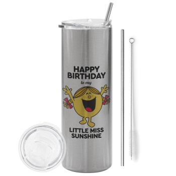 Happy Birthday miss sunshine, Eco friendly ποτήρι θερμό Ασημένιο (tumbler) από ανοξείδωτο ατσάλι 600ml, με μεταλλικό καλαμάκι & βούρτσα καθαρισμού