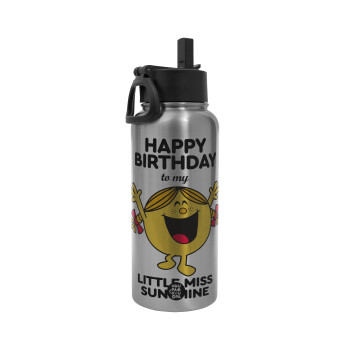 Happy Birthday miss sunshine, Metal mug thermo Silver with Straw and Spout Lid (Stainless steel), double wall, 950ml