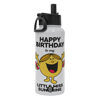 Happy Birthday miss sunshine, Metal mug thermo White with Straw and Spout Lid (Stainless steel), double wall, 950ml