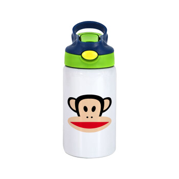 Monkey, Children's hot water bottle, stainless steel, with safety straw, green, blue (350ml)