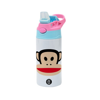 Monkey, Children's hot water bottle, stainless steel, with safety straw, Pink/BlueCiel (360ml) BPA FREE