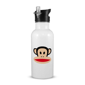 Monkey, White water bottle with straw, stainless steel 600ml