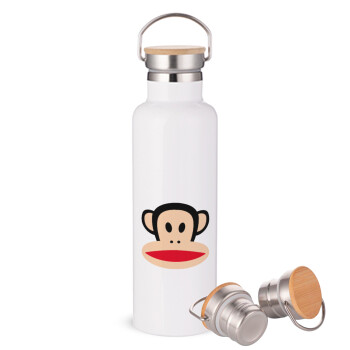 Monkey, Stainless steel White with wooden lid (bamboo), double wall, 750ml