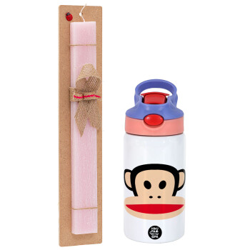 Monkey, Easter Set, Children's thermal stainless steel water bottle with safety straw, pink/purple (350ml) & Easter scented flat candle (30cm) (PINK)