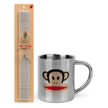 Monkey, Easter Set, metallic thermal cup (300ml) & Easter aromatic flat candle (30cm) (GRAY)