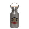 Stainless steel metallic thermos flask, silver with a bamboo lid, double-walled, 350ml.