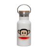 Metallic thermos (Stainless steel) White with wooden lid (bamboo), double-walled, 350ml