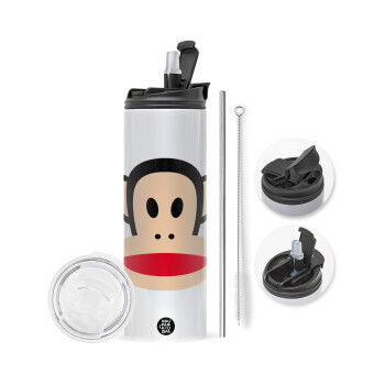 Monkey, Travel Tumbler θερμό με διπλό καπάκι, μεταλλικό καλαμάκι και βούρτσα καθαρισμού (Ανωξείδωτο 304 Food grade, BPA free, 600ml)