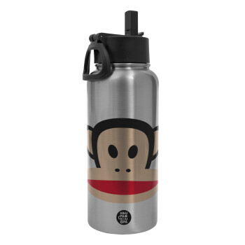 Monkey, Metal mug thermo Silver with Straw and Spout Lid (Stainless steel), double wall, 950ml