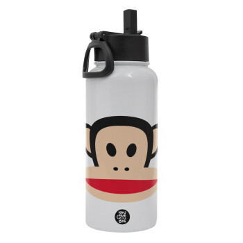 Monkey, Metal mug thermo White with Straw and Spout Lid (Stainless steel), double wall, 950ml