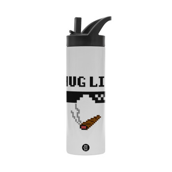 thug life, Metallic thermos bottle with straw & handle, stainless steel (Stainless steel 304), double-walled, 600ml.