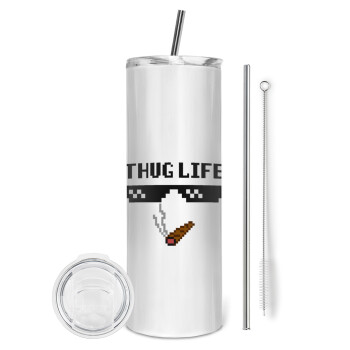 thug life, Eco friendly ποτήρι θερμό (tumbler) από ανοξείδωτο ατσάλι 600ml, με μεταλλικό καλαμάκι & βούρτσα καθαρισμού