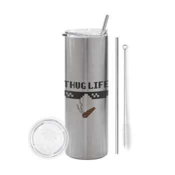 thug life, Eco friendly stainless steel Silver tumbler 600ml, with metal straw & cleaning brush