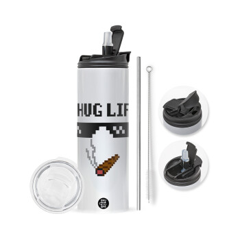 thug life, Travel Tumbler 2 Lids, with metal straw & cleaning brush (Stainless steel 304 Food grade, BPA free, 600ml)