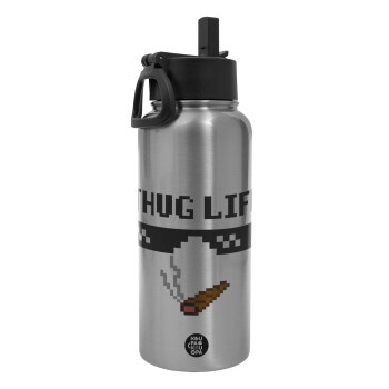 thug life, Metal mug thermo Silver with Straw and Spout Lid (Stainless steel), double wall, 950ml