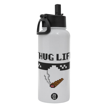 thug life, Metal mug thermo White with Straw and Spout Lid (Stainless steel), double wall, 950ml