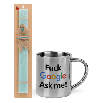 Fuck Google, Ask me!, Easter Set, metallic thermal cup (300ml) & aromatic flat Easter candle (30cm) (TURQUOISE)