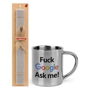 Fuck Google, Ask me!, Easter Set, metallic thermal cup (300ml) & Easter aromatic flat candle (30cm) (GRAY)