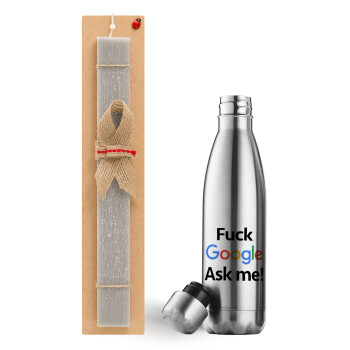 Fuck Google, Ask me!, Easter Set, metallic stainless thermos flask (500ml) & scented flat Easter candle (30cm) (GRAY)