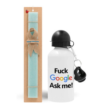 Fuck Google, Ask me!, Easter Set, metallic aluminum water bottle (500ml) & scented flat candle (30cm) (TURQUOISE)