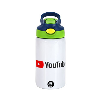 Youtube, Children's hot water bottle, stainless steel, with safety straw, green, blue (350ml)