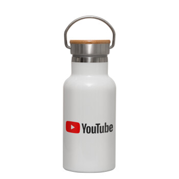 Youtube, Μεταλλικό παγούρι θερμός (Stainless steel) Λευκό με ξύλινο καπακι (bamboo), διπλού τοιχώματος, 350ml