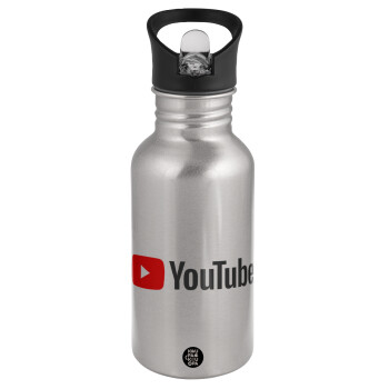 Youtube, Water bottle Silver with straw, stainless steel 500ml