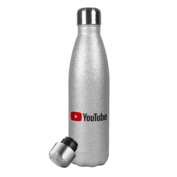 Youtube, Μεταλλικό παγούρι θερμός Glitter Aσημένιο (Stainless steel), διπλού τοιχώματος, 500ml