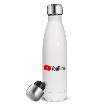 Youtube, Μεταλλικό παγούρι θερμός Λευκό (Stainless steel), διπλού τοιχώματος, 500ml