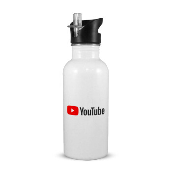 Youtube, Παγούρι νερού Λευκό με καλαμάκι, ανοξείδωτο ατσάλι 600ml