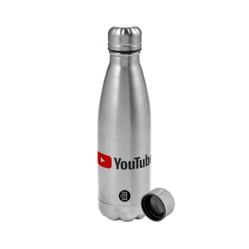 Youtube, Metallic water bottle, stainless steel, 750ml