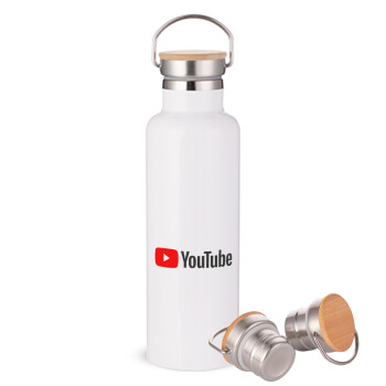 Youtube, Stainless steel White with wooden lid (bamboo), double wall, 750ml
