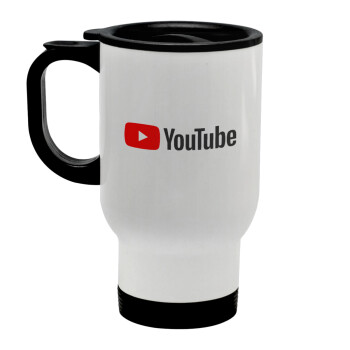 Youtube, Stainless steel travel mug with lid, double wall white 450ml