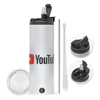 Youtube, Travel Tumbler θερμό με διπλό καπάκι, μεταλλικό καλαμάκι και βούρτσα καθαρισμού (Ανωξείδωτο 304 Food grade, BPA free, 600ml)