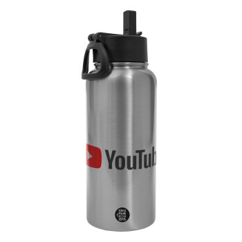 Youtube, Metal mug thermo Silver with Straw and Spout Lid (Stainless steel), double wall, 950ml