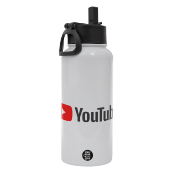 Youtube, Metal mug thermo White with Straw and Spout Lid (Stainless steel), double wall, 950ml