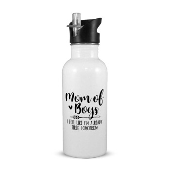 Mom of boys i feel like im already tired tomorrow, White water bottle with straw, stainless steel 600ml
