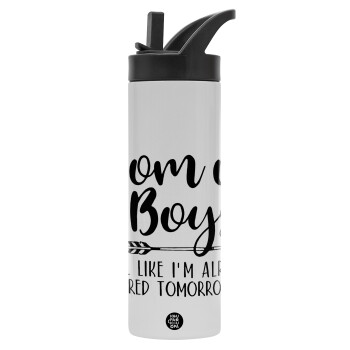 Mom of boys i feel like im already tired tomorrow, Metallic thermos bottle with straw & handle, stainless steel (Stainless steel 304), double-walled, 600ml.