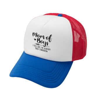 Mom of boys i feel like im already tired tomorrow, Adult Soft Trucker Hat with Red/Blue/White Mesh (POLYESTER, ADULT, UNISEX, ONE SIZE)