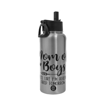 Mom of boys i feel like im already tired tomorrow, Metal mug thermo Silver with Straw and Spout Lid (Stainless steel), double wall, 950ml